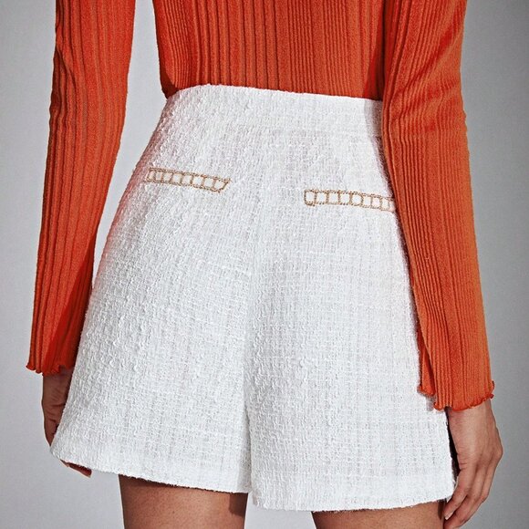 White Elegant Women's High Waist Metal Button Double-Breasted Tweed Shorts - Picture 2 of 5